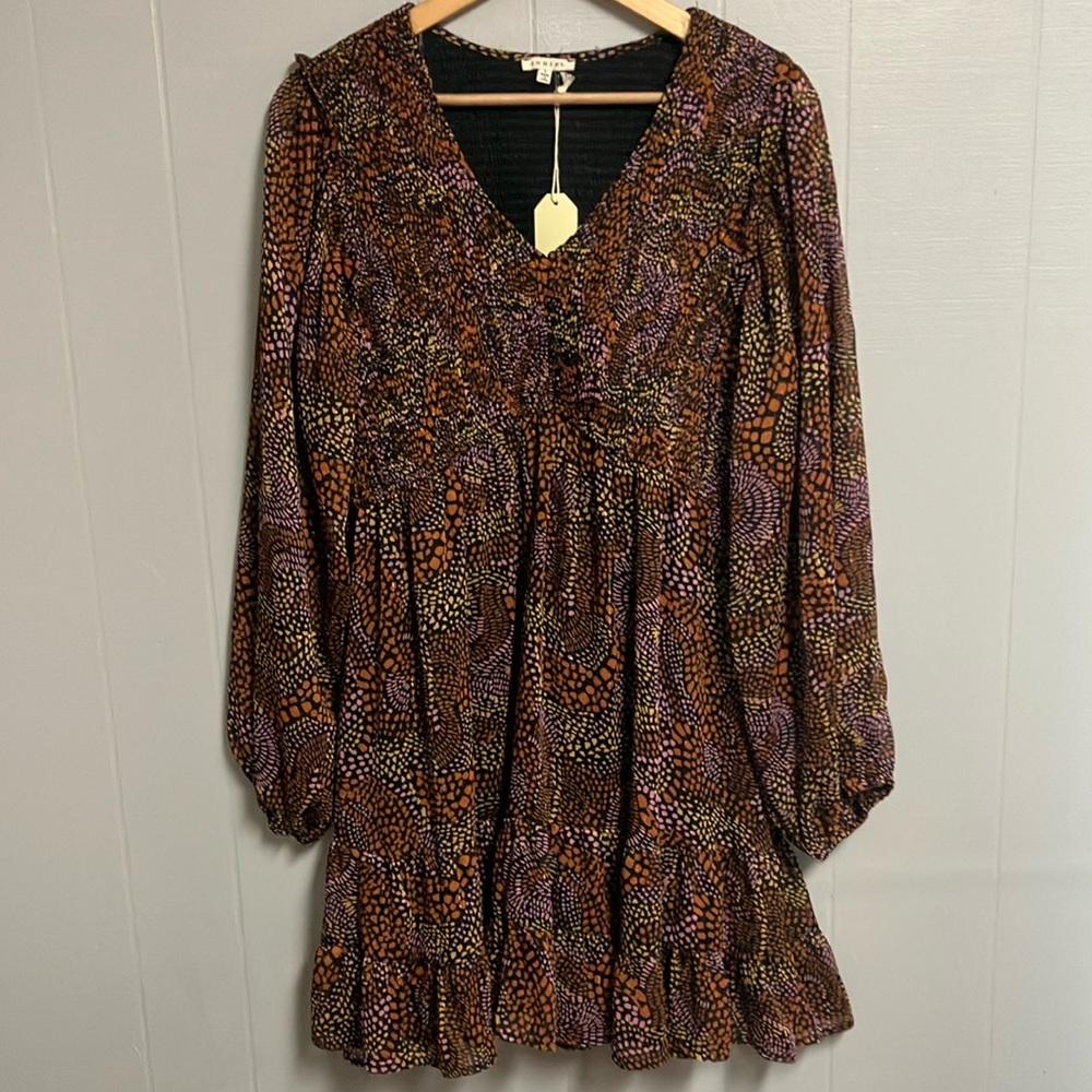 NWT JODIFL Brown Orange Smocked Tiered Dress Size Large New with Tags!! Cute!! - Picture 1 of 11